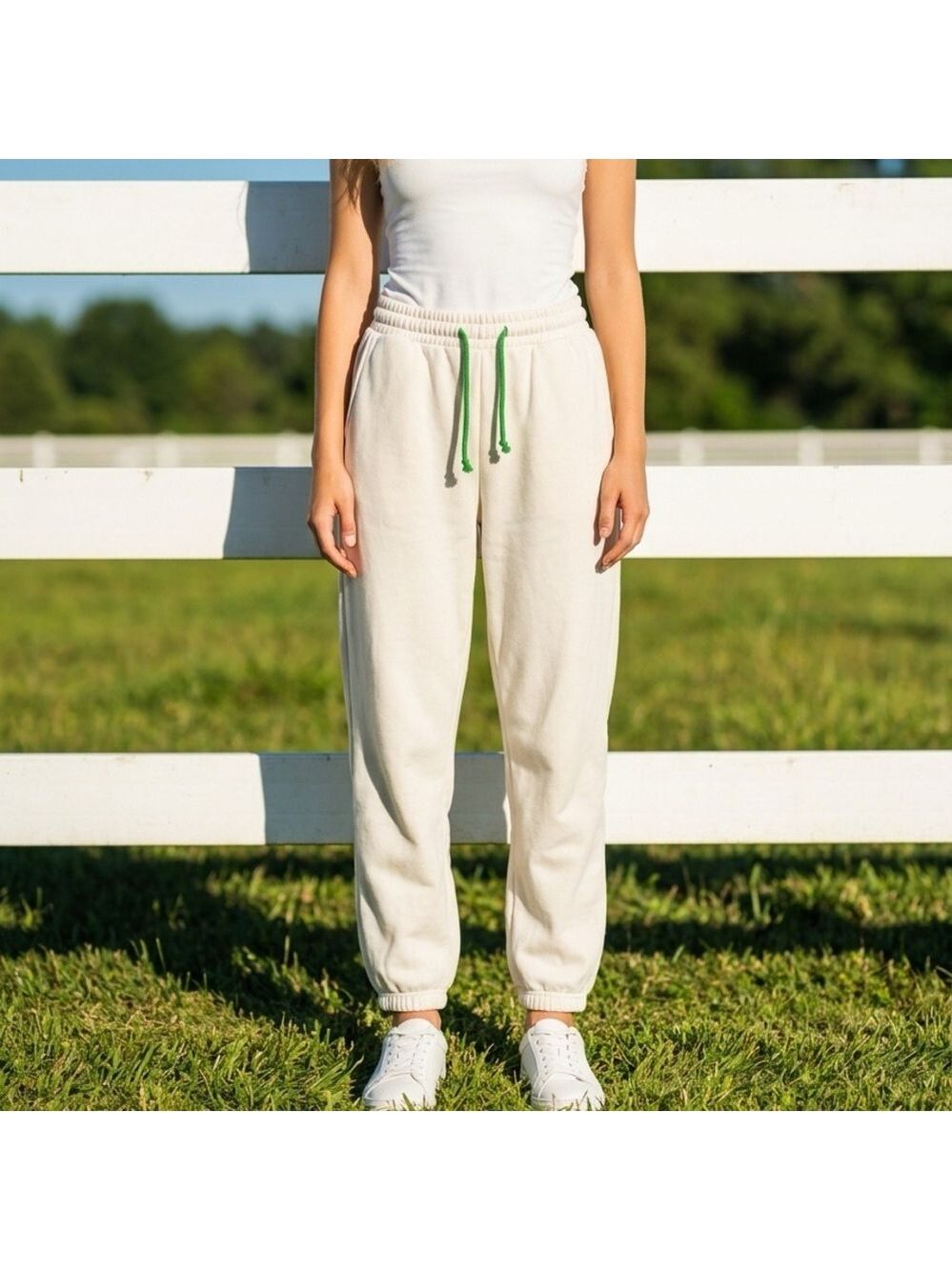 Fabletics Kids Cream Joggers with Green Drawstring